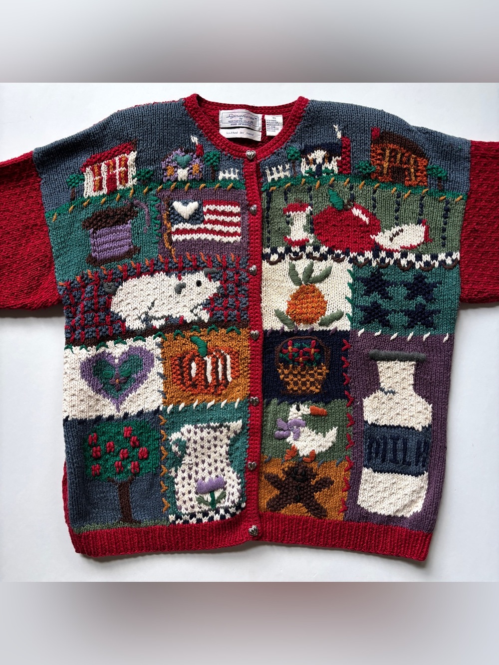 Northern Isles Sweater Farm Barn Animals Patchwork Knit Cardigan XL VTG 90s